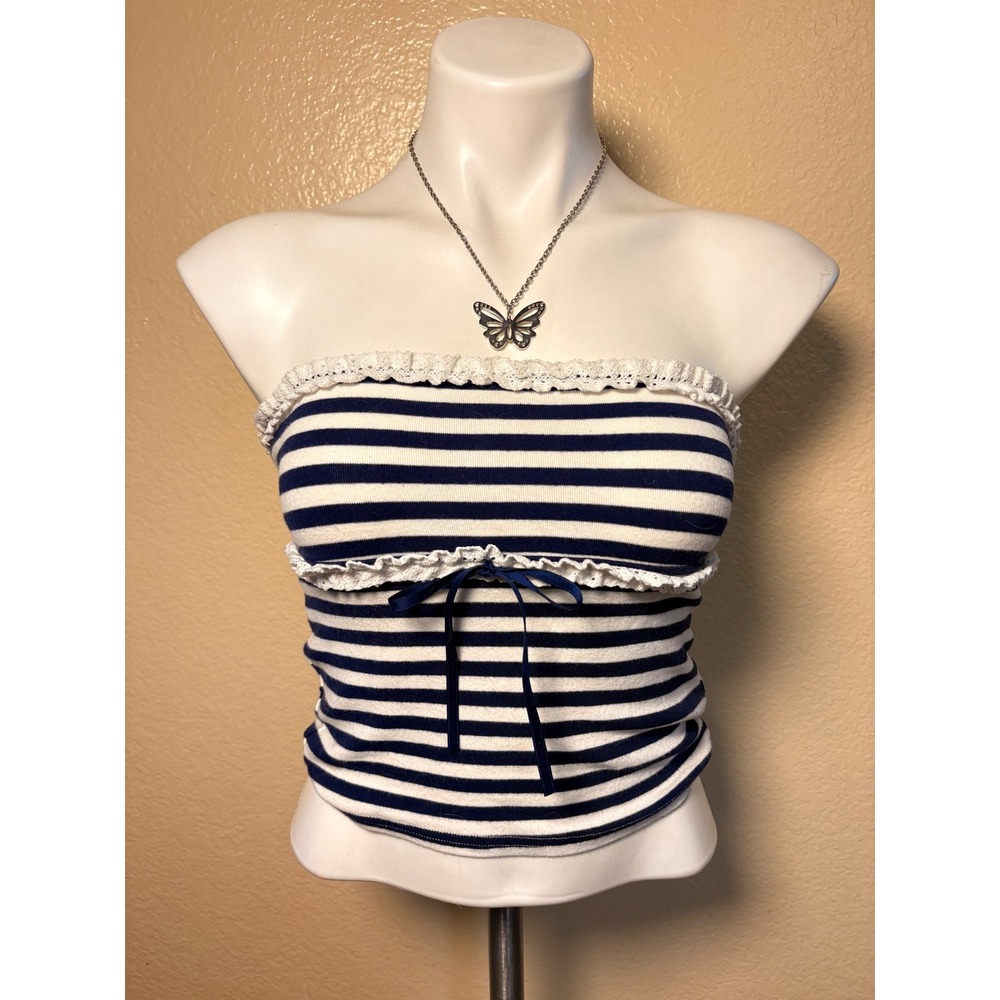 Y2K Navy White Striped Lace Trim Tube Top Bow Strapless Ribbed Small #5